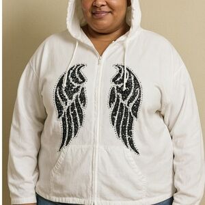 Blanco White Cotton Shirt zip up bling/sequined angel wings plus size SZ XXXL